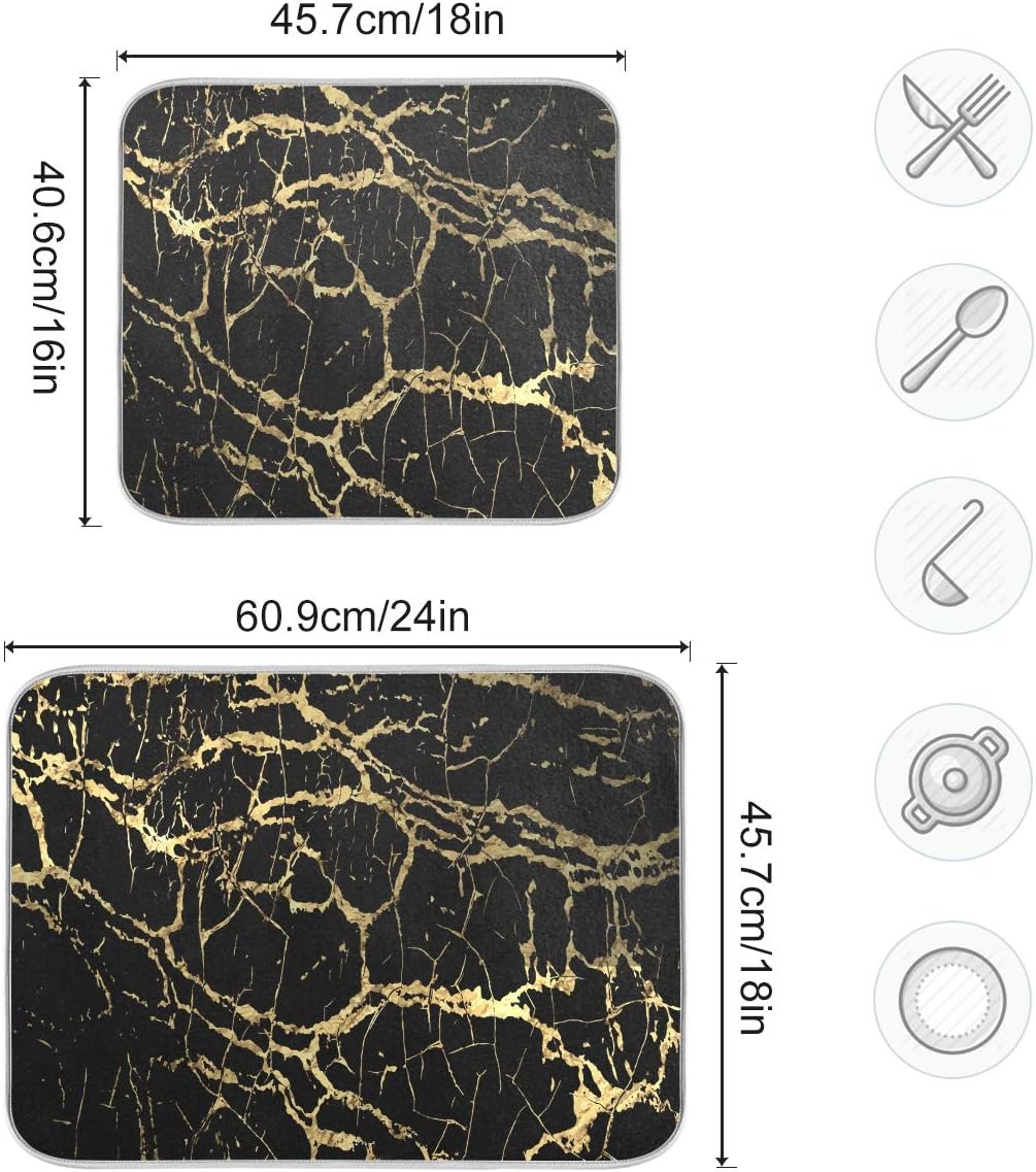Super Absorbent Dish Drying Mat, Microfiber Fast-Drying Dish Mat, 24" x 18", Kitchen Dish Drying Pad, Black Gold Marble