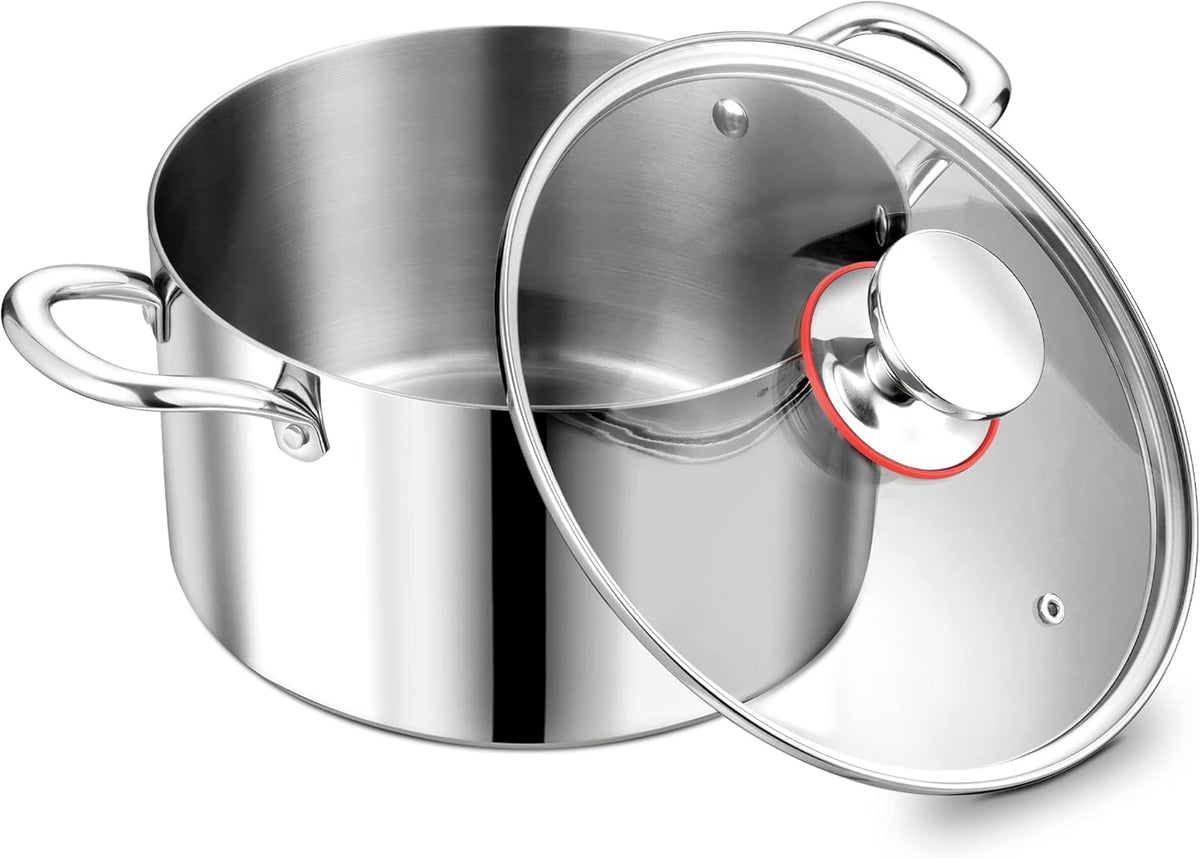 P&P CHEF 5 Quart Tri-Ply Stainless Steel Stock Pot, 5 Qt Stockpot Pasta Cooking Pot with Visible Lid for Soup Vegetable, Induction Cookware for All Stoves, Sturdy & Double Handle, Dishwasher Safe