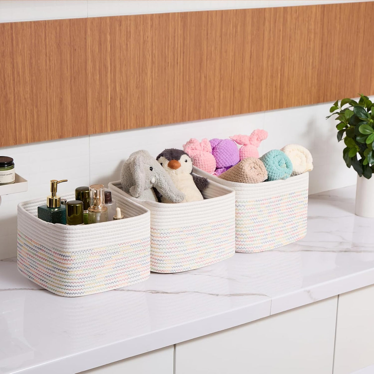 Small Organizing Baskets for Cubes Shelf, 9.7x9.7x7.1 Inch Rope Woven Storage Bins for Nursery Shelves Storage, Cute Toy Basket, Square 3 Packs Off White Rainbow