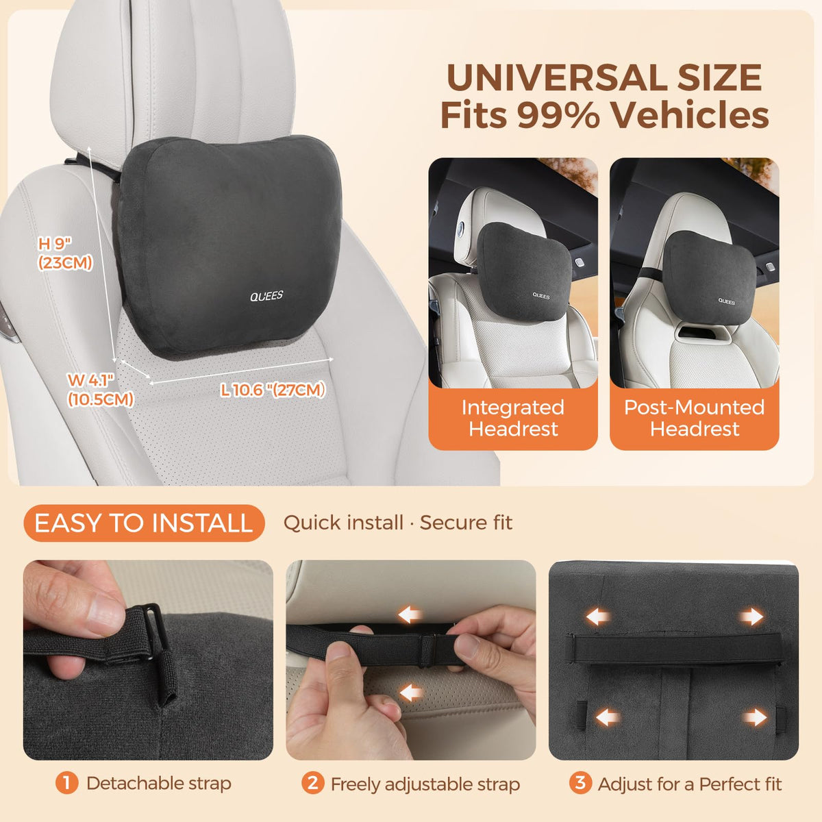 BEBAS Car Headrest Pillow with Adjustable Strap for Neck Support, Black