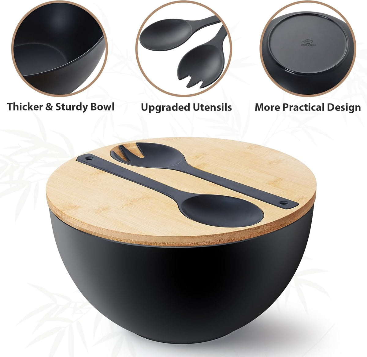 12.6" Extra Large Salad Serving Bowl Set with Wooden Lid&Utensils, 8.4Qt., Bamboo Fiber Salad Bowl with Servers for Kitchen, Big Bowl for Mixing Salad,Fruit,Pasta (Matte Black)