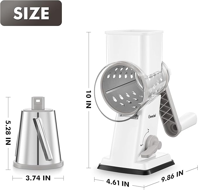 Geedel Rotary Cheese Grater - Upgraded Vegetable Shredder with 4 Interchangeable Blades, Easy to Clean Cheese Shredder with Handle, Kitchen Grater Nuts Grinder for Cutting Cheese, Vegetable, Nuts