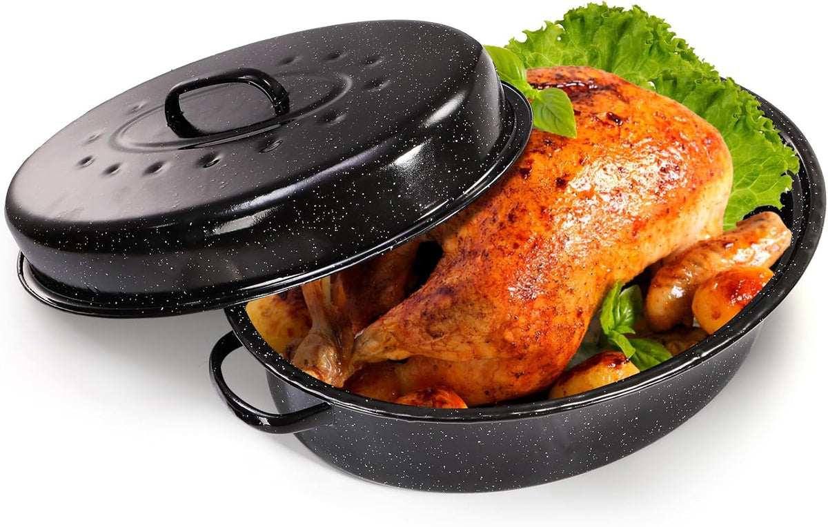 TOPZEA Granite Roasting Pan with Lid, 18" x 12.5" Turkey Roaster Pan Enameled on Steel Nonstick, Covered Oval Roaster Pot Oven Broiler Pan Cookware for Turkey, Chicken, Ham Meat Roast, Dishwasher Safe