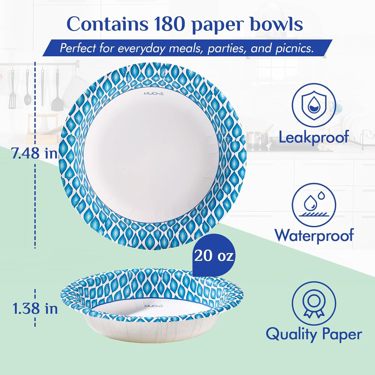 MUCHII 20 Oz Paper Bowls 180 Count Disposable Bowls, Printed Soak Proof Large Bowls for Breakfast, Lunch, and Dinner Meals