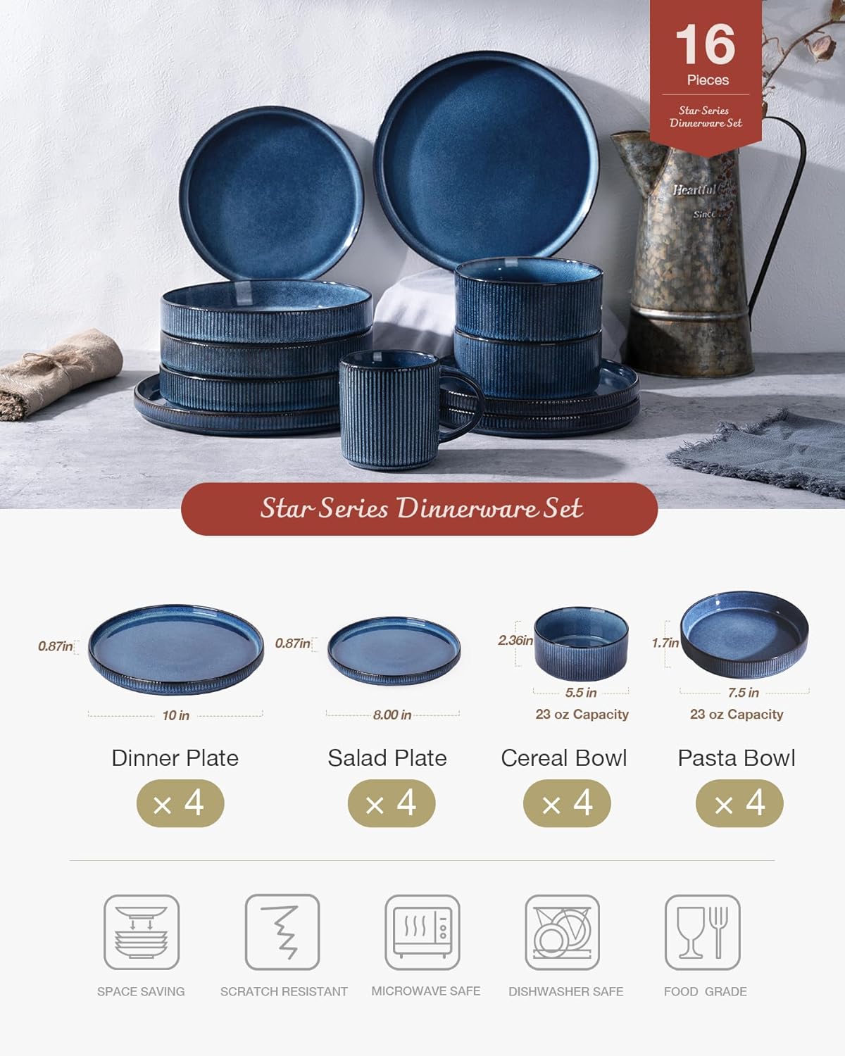 Famiware Star Dinnerware Set with Pasta Bowls, Service for 4 (16pcs), Ribbed Stoneware Plates and Bowls Dishes Sets - Chip & Scratch Resistant, Microwave & Dishwasher Safe, Nebulas Blue