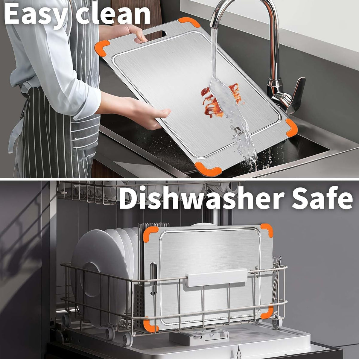 100% Pure Titanium Cutting Board with Grooves, Update Double Side Titanium Chopping Board, Silicone Anti-slip Stainless Cutting Boards for Kitchen 9 * 13 IN, Orange
