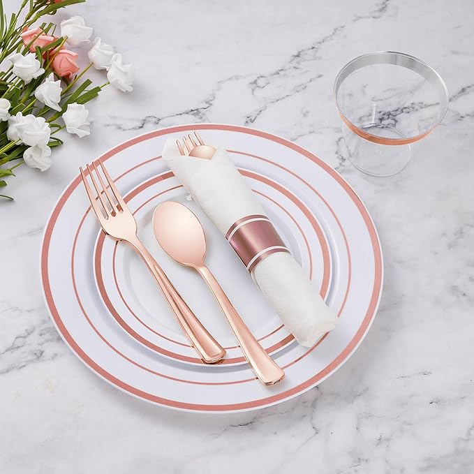 Goodluck 175 Piece Rose Gold Plastic Dinnerware Set for 25 Guests, Fancy Disposable Plates for Party, Include: 25 Dinner Plates, 25 Dessert Plates, 25 Pre Rolled Napkins with Silverware, 25 Cups