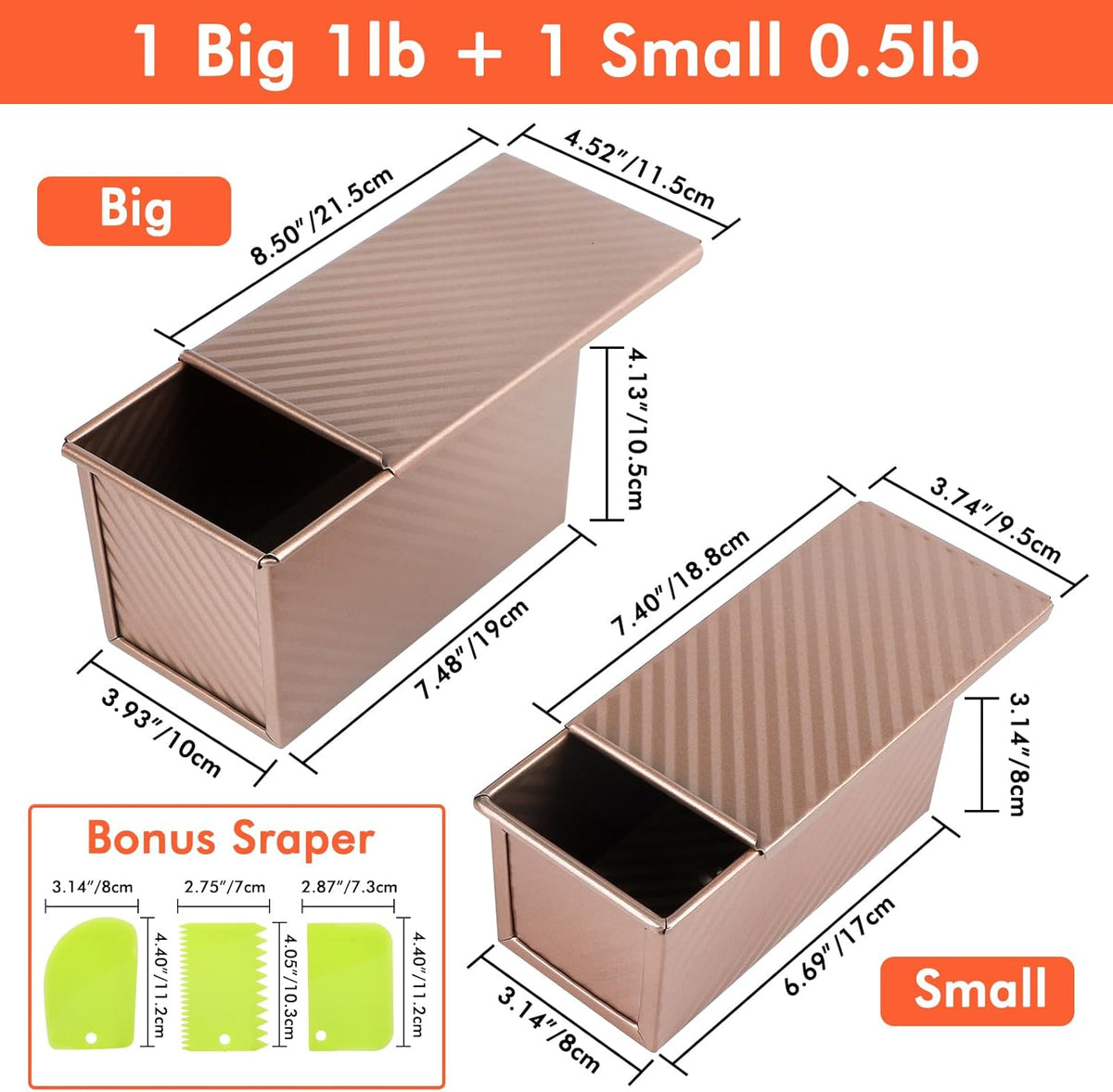 Beasea Pullman Loaf Pan with Lid, 2 Pack Non-Stick Bread Loaf Pans for Homemade Bread 1 lb & 0.5 lb Carbon Steel Bread Toast Box with Dough Scraper for Bread Toast Oven Baking - Rose Gold