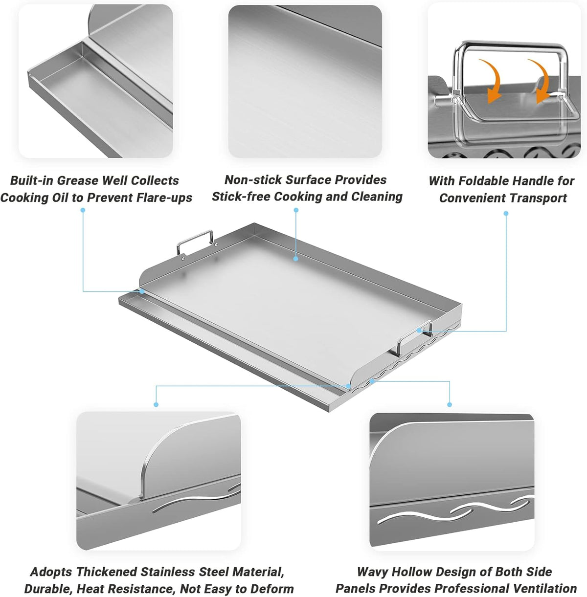 Skyflame Universal Stainless Steel Griddle Plate with Even Heating Bracing for BBQ Charcoal/Gas Grills, 23" x 16" Rectangular Hibachi Flat Top Griddle for Indoor/Outdoor Cooking