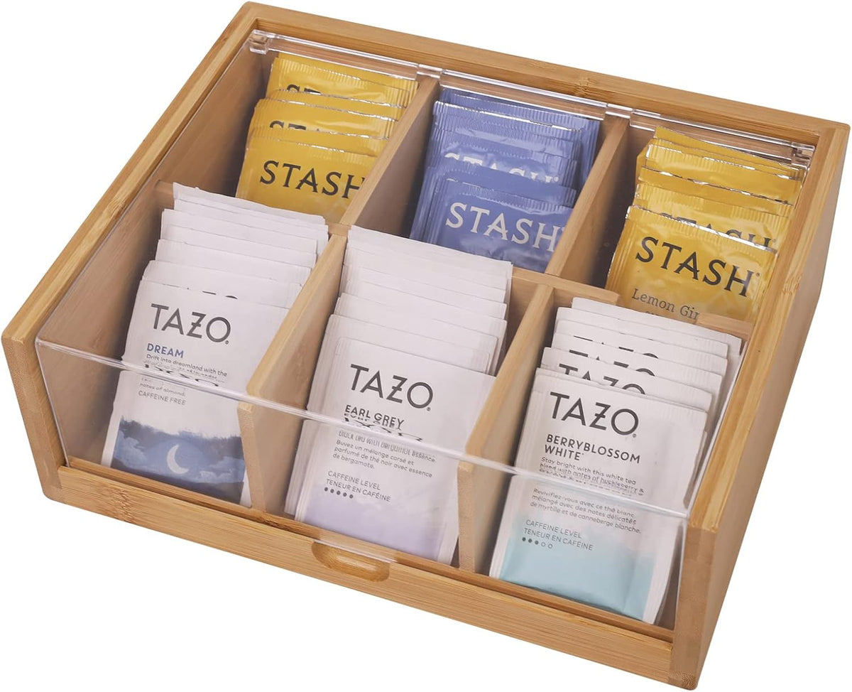 HTB Tea Bag Organizer 6 Compartments Gift Box Bamboo Tea Organizer for Tea Bags with Acrylic Transparent Hinged Lid