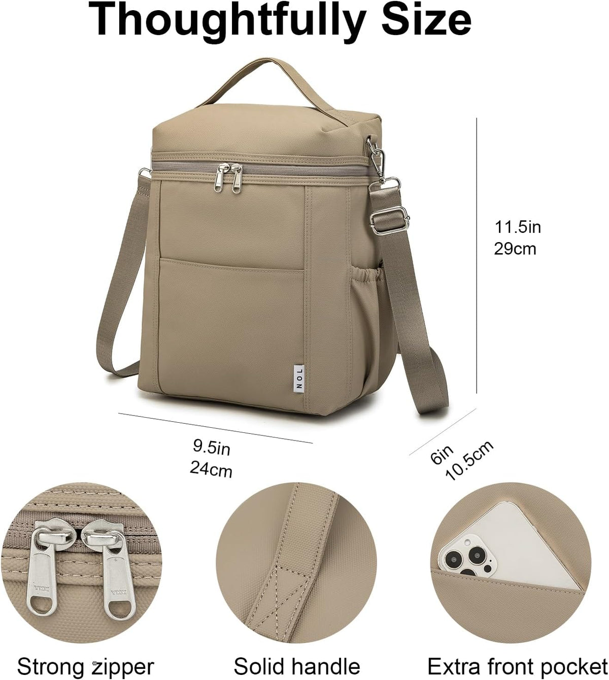 NOL Natural Organic Lifestyle Insulated Lunch Bags for Women Cooler Bag Lightweight Nylon Waterproof Lunch Box For Work (Khaki, Large)