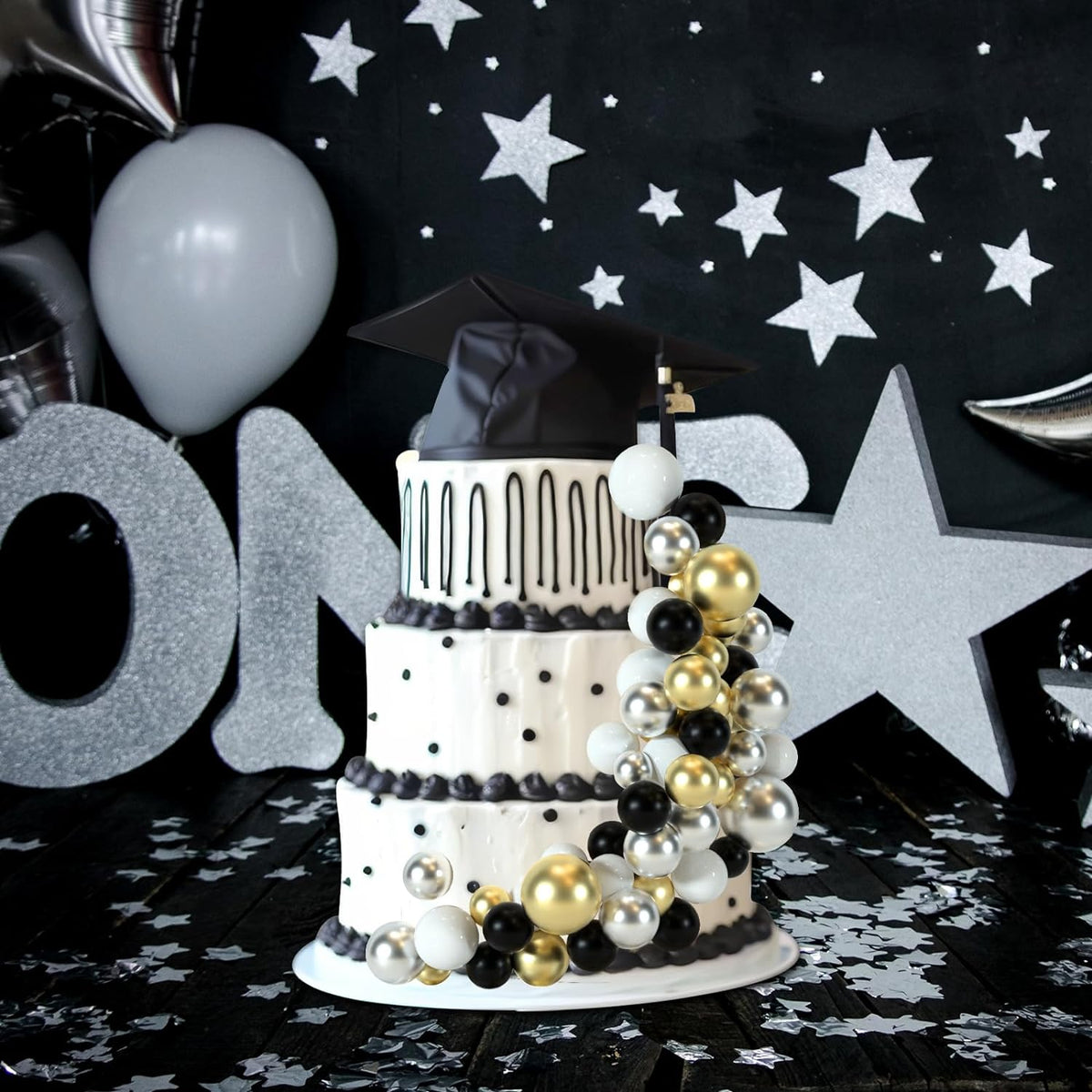 48 Pcs Balls Cake Topper Decorations Balloon Cupcake Toppers Foam Cake Topper Balls Cake Balls Decorations for Birthday Party Wedding Anniversary Cake Decorating (Black, Silver, White, Gold)