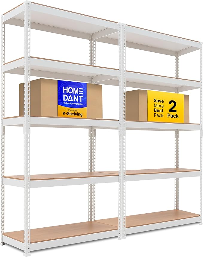 HOMEDANT 5 Tier White Storage Shelves Adjustable Laminated Boltless Garage Metal Shelving Unit Heavy Duty Utility Rack Shelf Warehouse Pantry Closet Kitchen 35.9" W x 16.2" D x 71.3" H White 2Pack