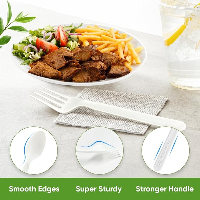 Compostable Disposable Forks 100 Count Compostable Forks Bulk No Plastic Forks Heavy Duty Biodegradable Forks Eco Friendly for Lounge Party Wedding Picnic Camping