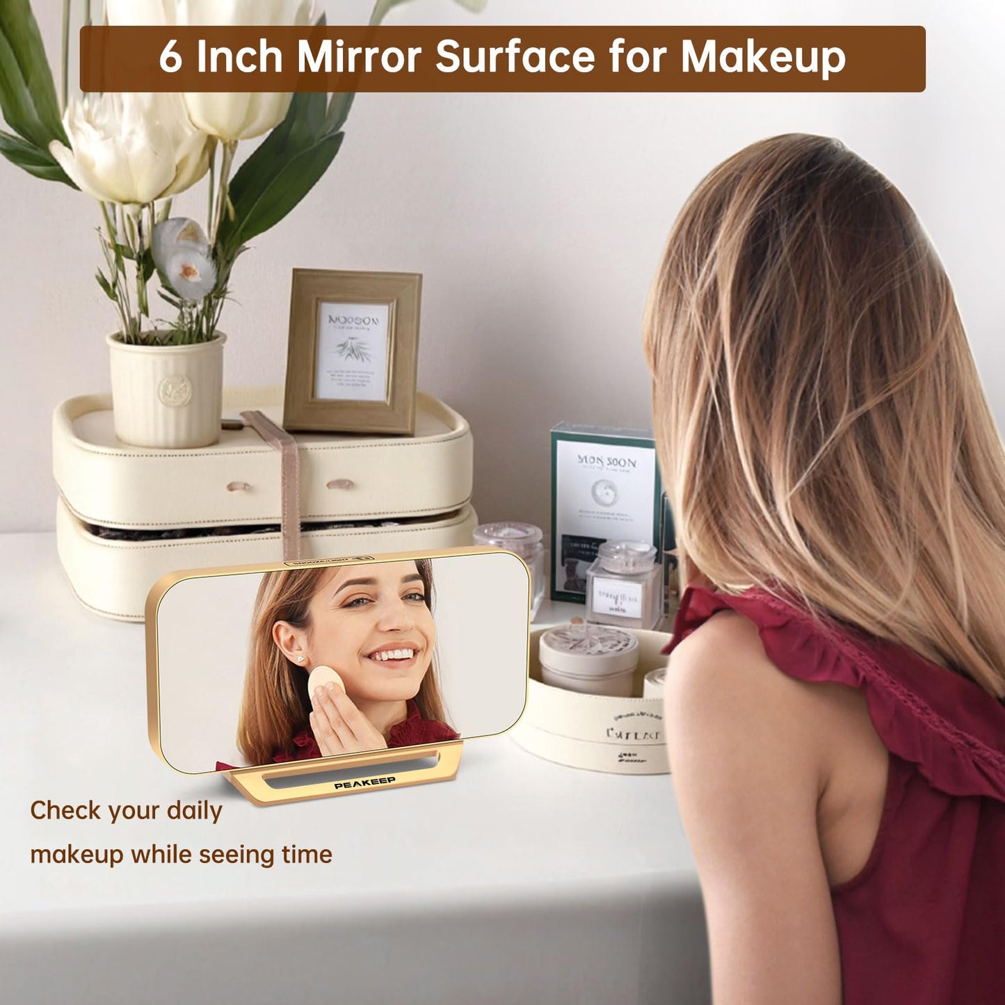 Peakeep Slim Digital Mirror Aesthetic Alarm Clock for Bedrooms Desk Decor