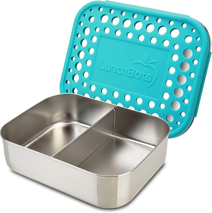 LunchBots Medium Duo Snack Container - Divided Stainless Steel Food Container - Two Sections for Half Sandwich and a Side - Eco-Friendly - Dishwasher Safe - Stainless Lid - Aqua Dots