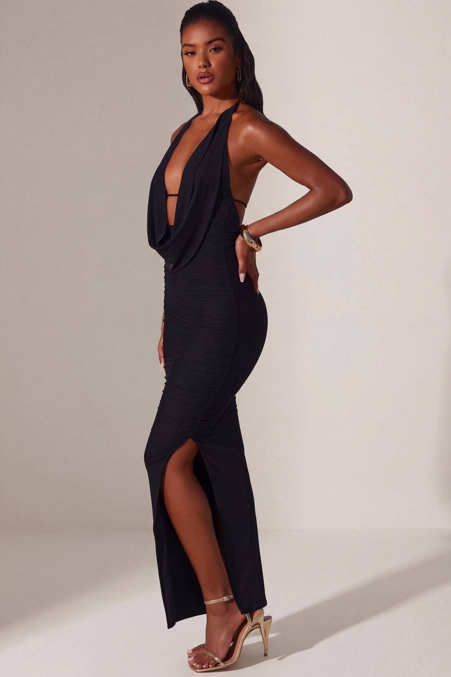 Plunge Cowl Neck Floor Length Dress in Black