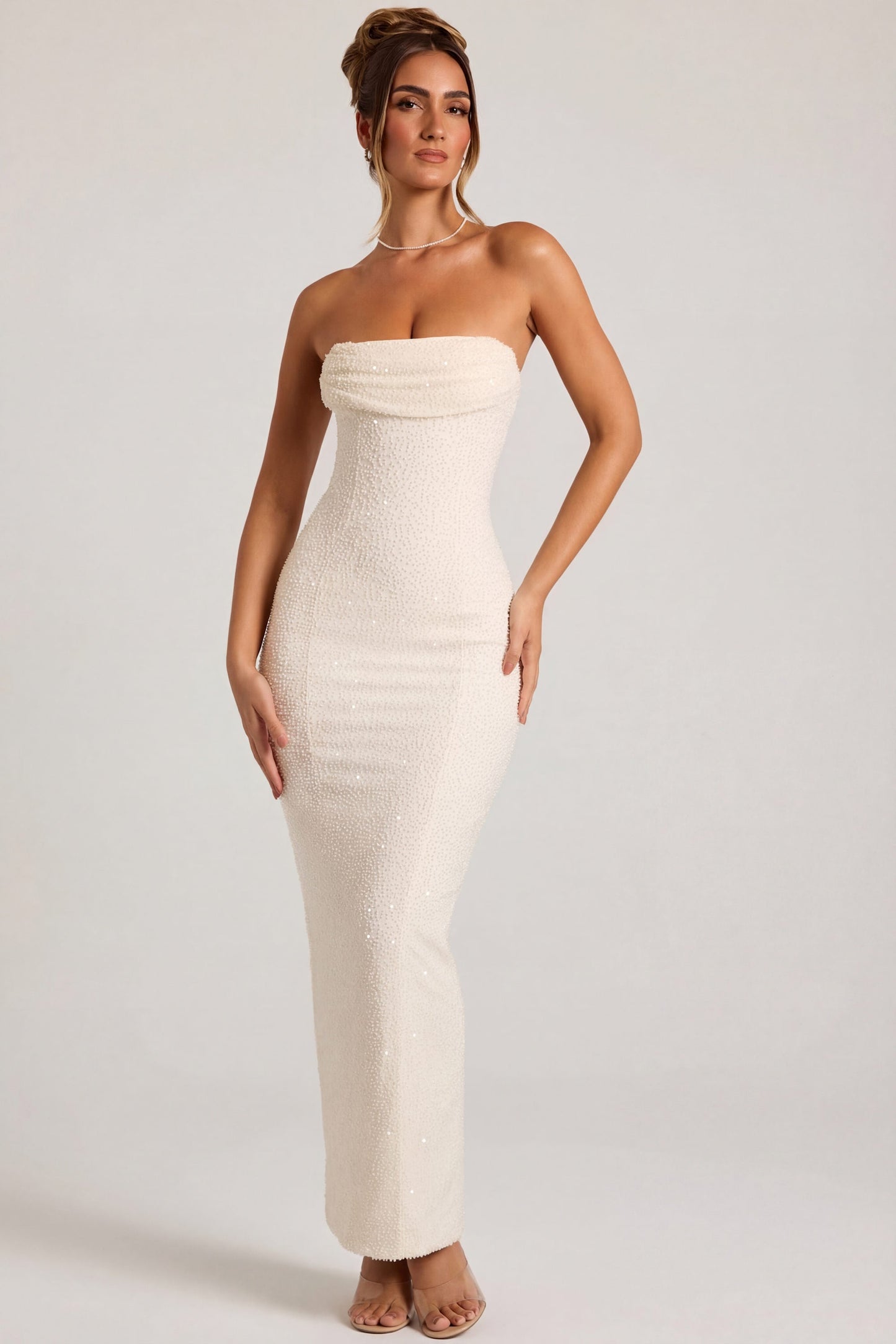 Embellished Bandeau Cowl Neck Maxi Dress in White
