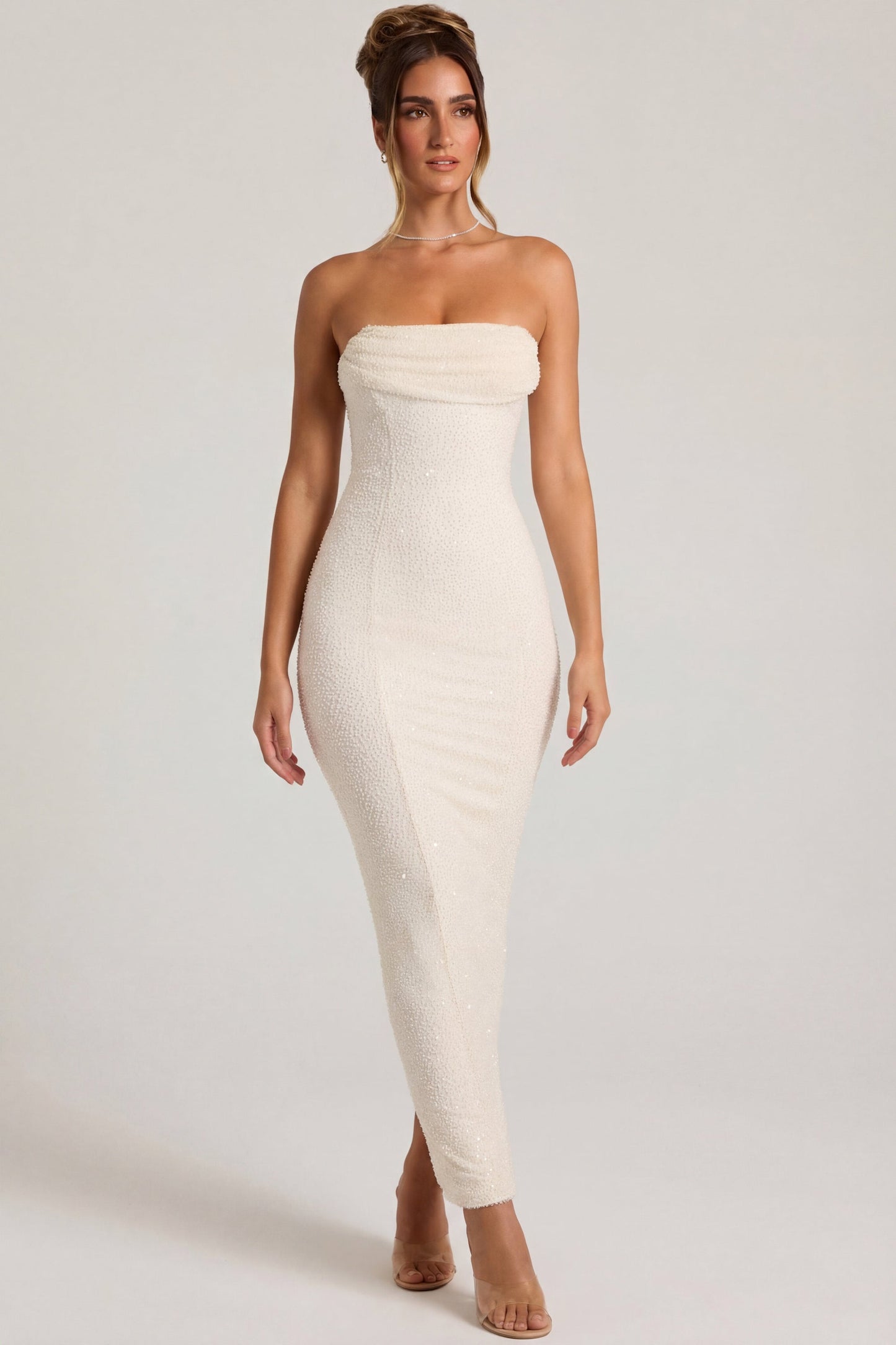 Embellished Bandeau Cowl Neck Maxi Dress in White