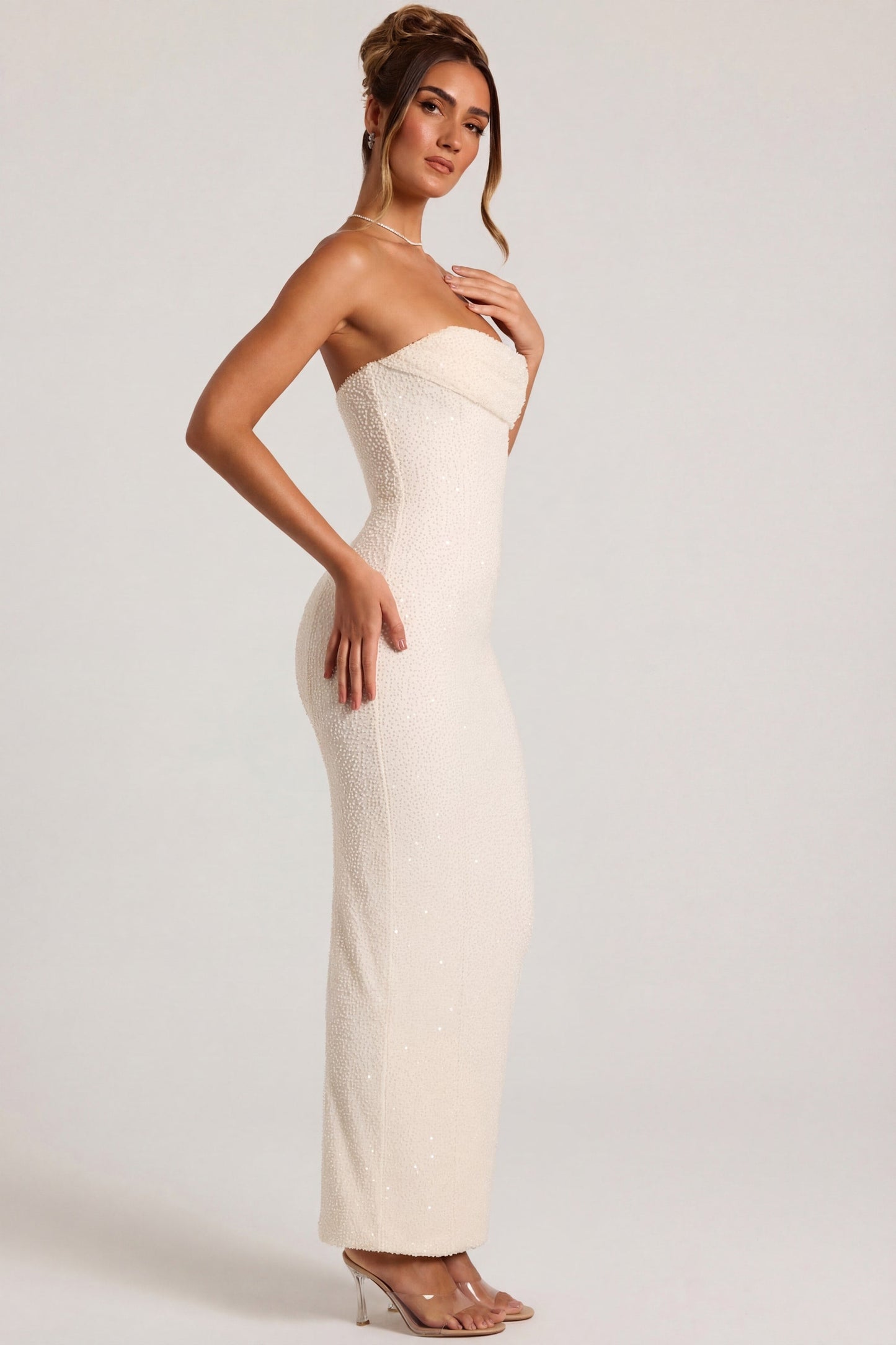 Embellished Bandeau Cowl Neck Maxi Dress in White