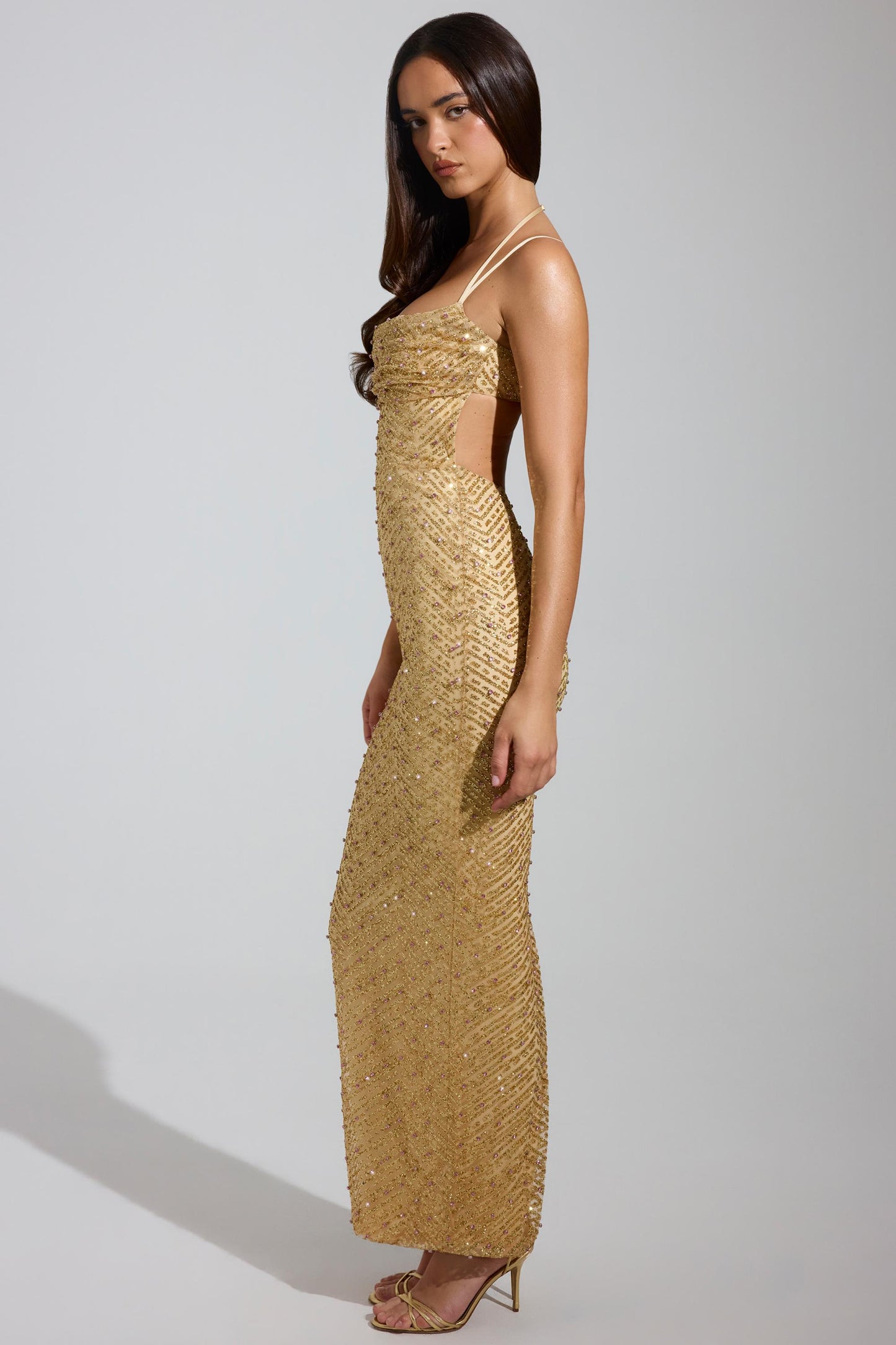 Embellished Cowl-Neck Maxi Dress in Gold