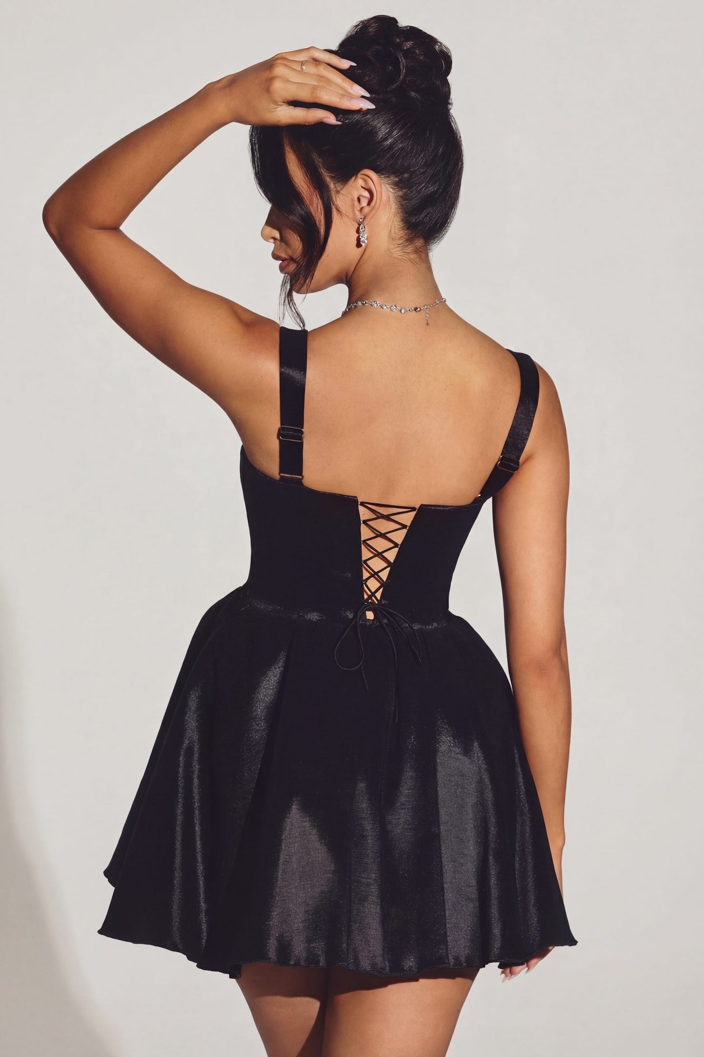 Woven Taffeta Corset Mini Dress in Jet Black