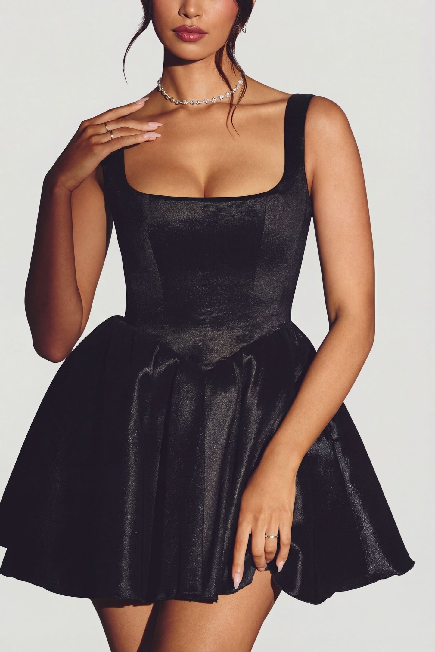 Woven Taffeta Corset Mini Dress in Jet Black