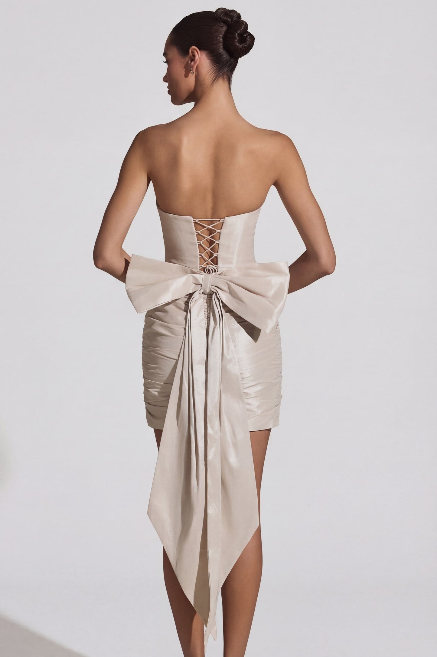 Satin Bow-Detail Strapless Mini Dress in Ivory