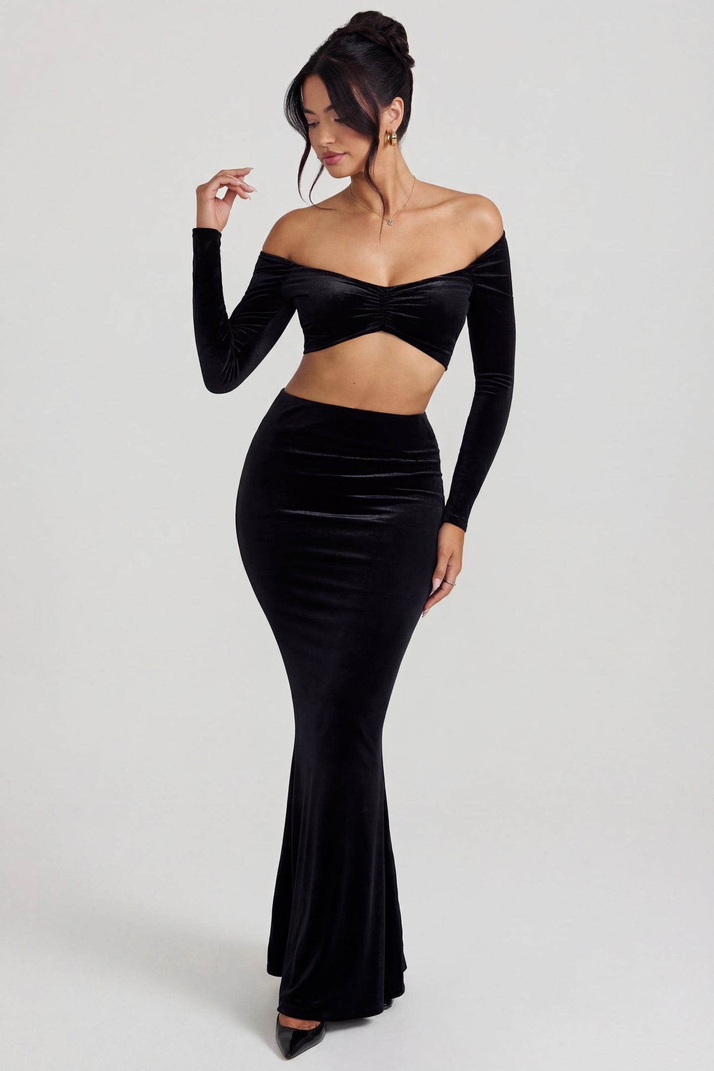 Velvet Mid-Rise Maxi Skirt in Jet Black