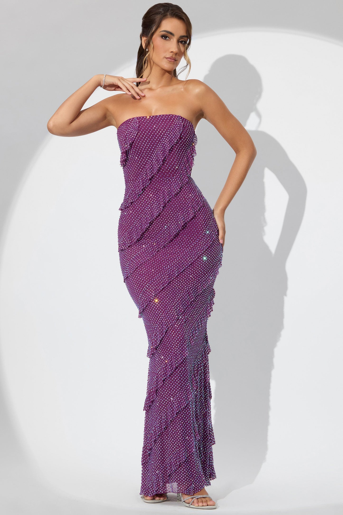 Embellished Bandeau Ruffle Maxi Dress in Plum
