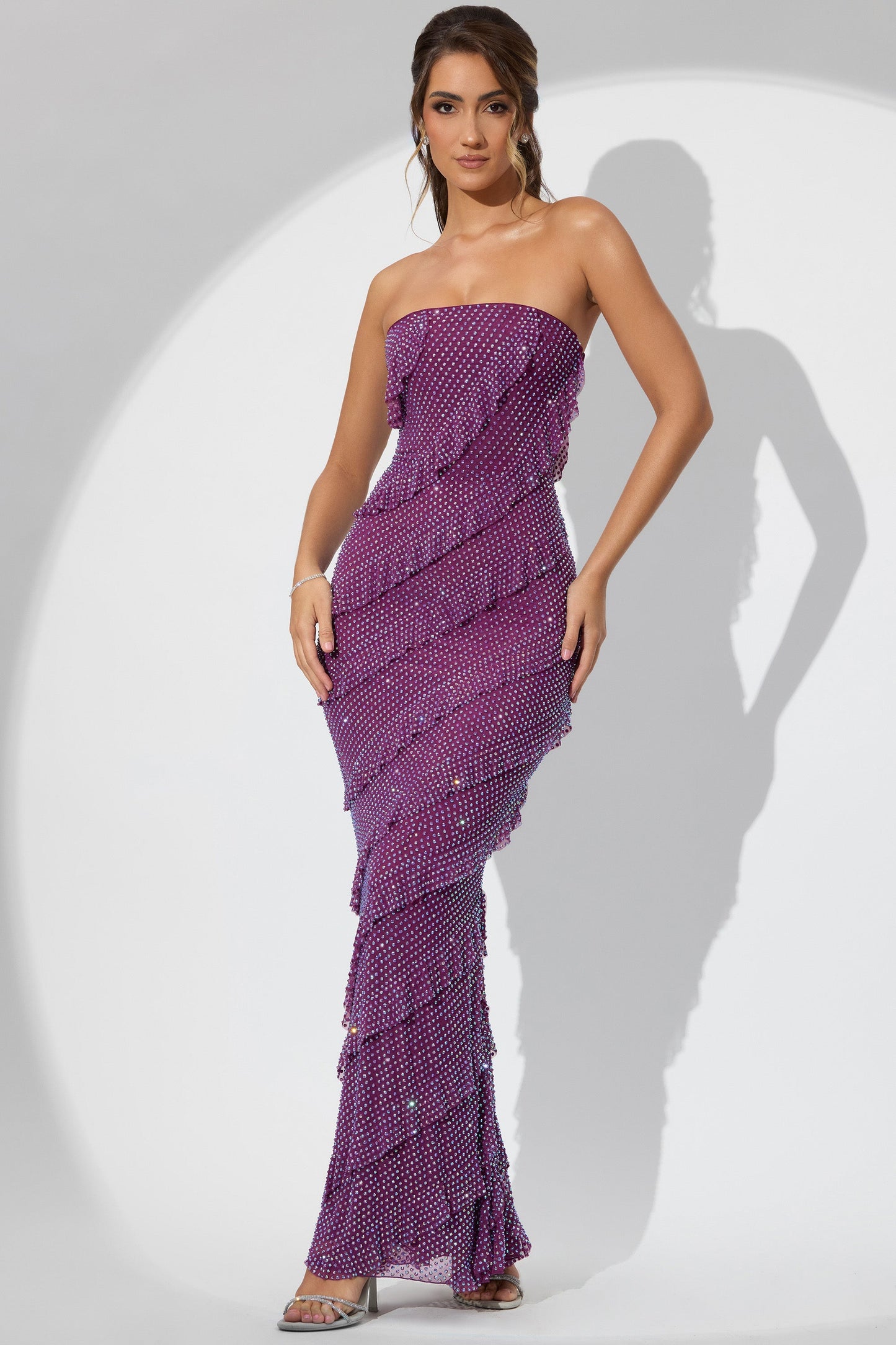 Embellished Bandeau Ruffle Maxi Dress in Plum