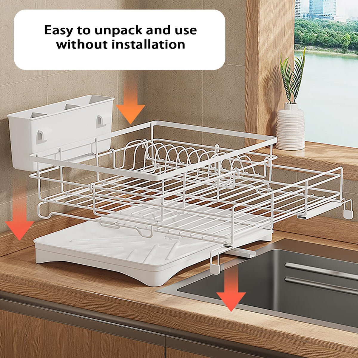 Large Dish Drying Rack - Expandable Dish drainers for Kitchen Counter,Over The Sink Dish Drainer Drying Rack,Rustproof Dish Drainer with Utensil Holder and Drainboard White
