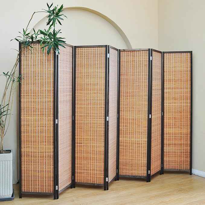 7 Panel Bamboo Room Divider – 5.6 ft Tall Folding Privacy Screen, Natural Brown Freestanding Room Partition Wall (67" H x 107.5" W)
