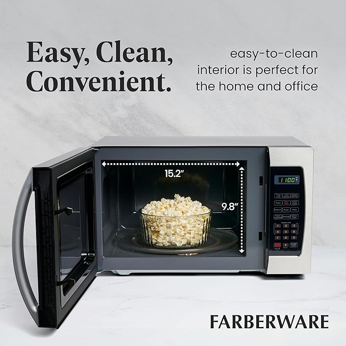 Farberware 1.3 Cu. Ft. Countertop Microwave Oven – 1000 Watts Power, Auto Cook Settings, Defrost, Easy Clean and Child Safety Lock - Stainless