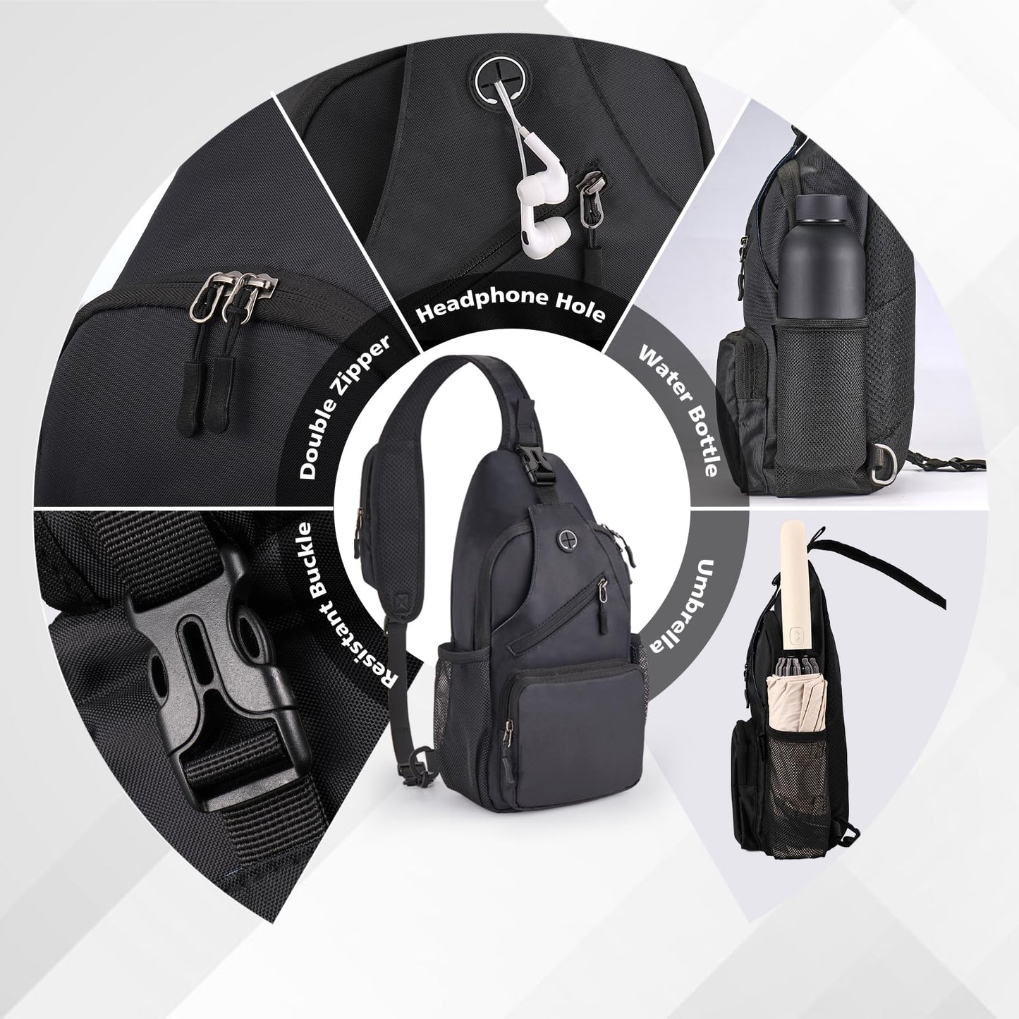 Javolto Sling Bag for men Crossbody Shoulder Backpack Chest Bag Travel Hiking Daypack-Black