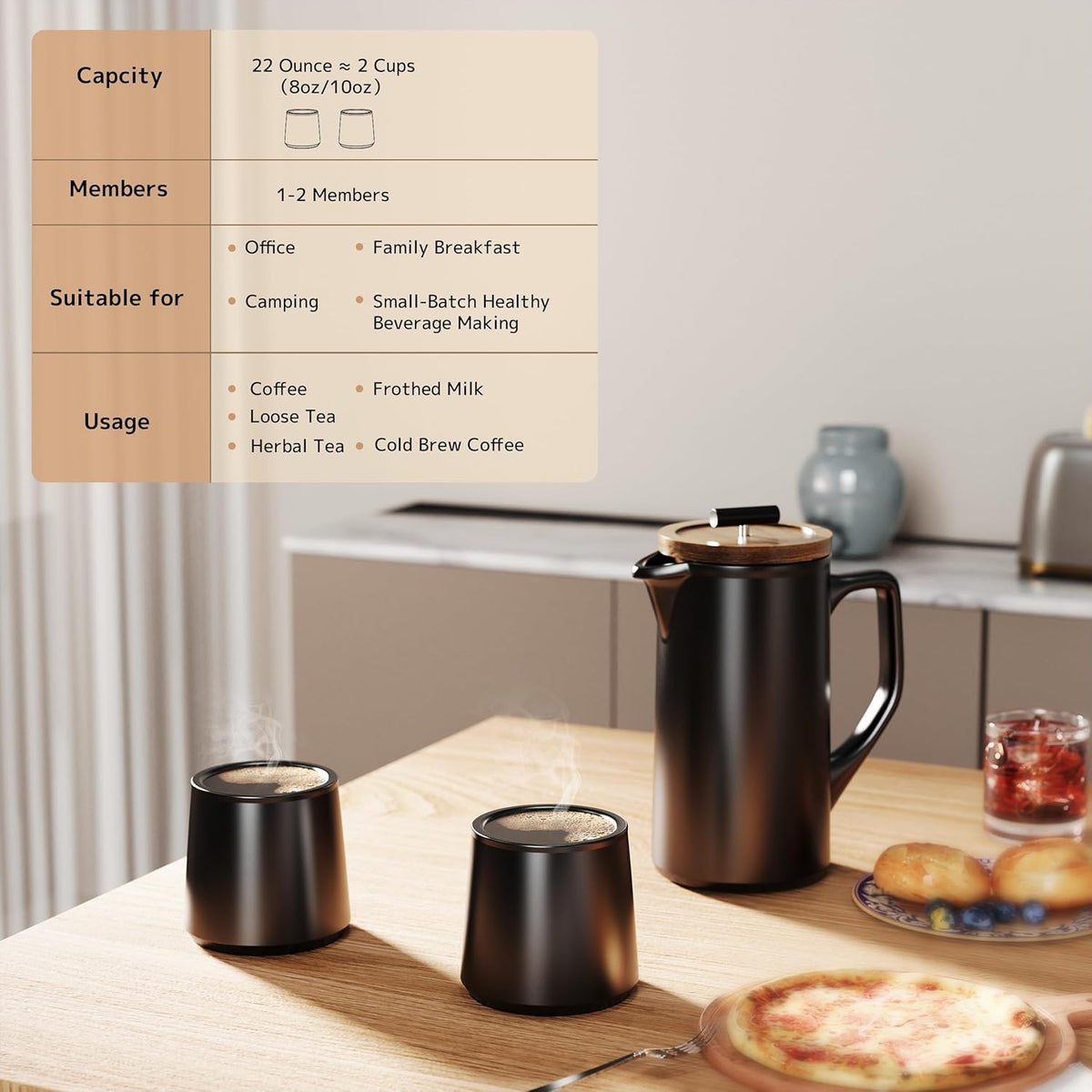 DHPO Ceramic French Press Coffee Maker, 22 Ounce Coffee Press Manual Brewer with Walnut Wood Lid, Premium Food Grade Stainless Steel Filter with Dual Screen for Coffee and Loose Tea, Gift Box, Black