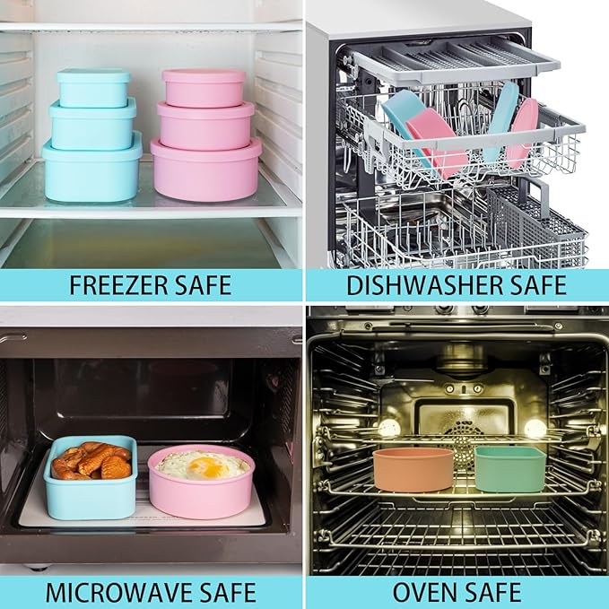 Nesting 100% Silicone Food Storage Containers with Lid & Measuring Line, 6 Pack, Leakproof Stackable Silicone Containers for Food Lunch Snack, Microwave Freezer Dishwasher Safe, Light Blue/Pink