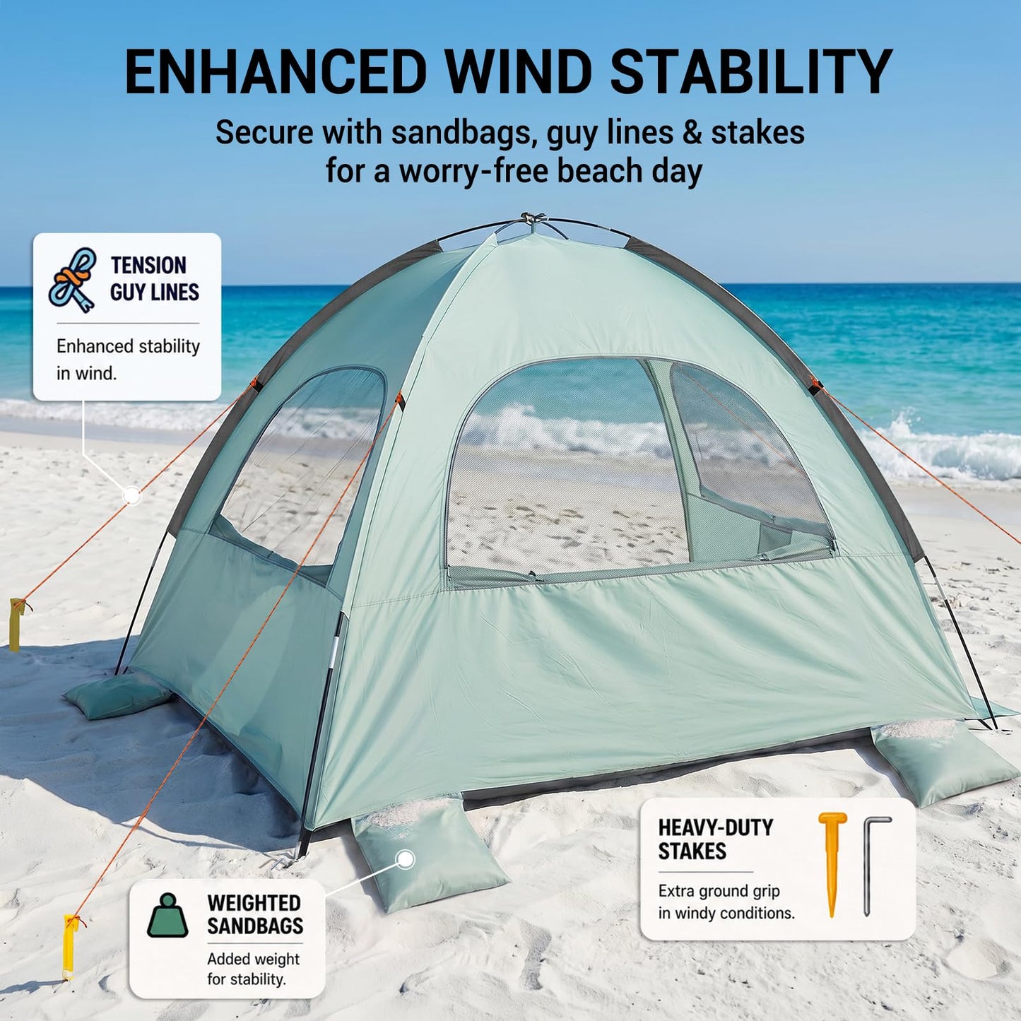 WhiteFang Beach Tent Anti-UV Portable Sun Shade Shelter for 3 Person, Extendable Floor with 3 Ventilating Mesh Windows Plus Carrying Bag, Stakes and Guy Lines (Mint Green)
