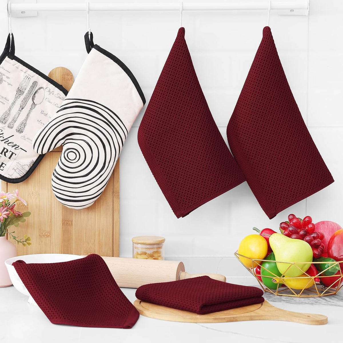 Homaxy 100% Cotton Waffle Weave Kitchen Dish Cloths, Ultra Soft Absorbent Quick Drying Dish Towels, 12 x 12 Inches, 12-Pack, Burgundy
