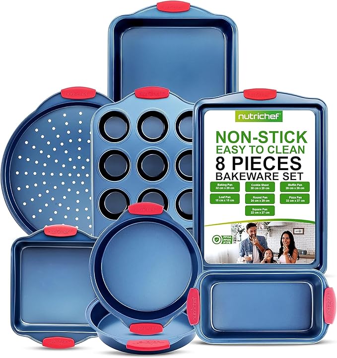 NutriChef 8-Piece Nonstick Baking Pan Set - Premium Carbon Steel Bakeware w/ Silicone Handles - Includes Pizza Tray, Loaf Pan, 12-Cup Muffin Pan, Round/Square Pans, & Cookie Sheet - Blue