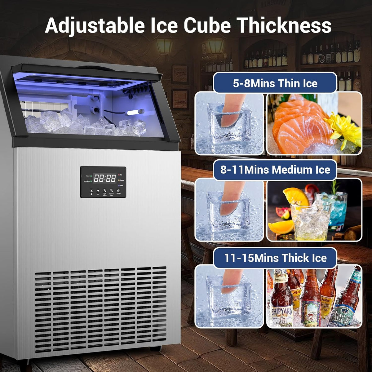 Commercial Ice Maker Machine 120LBS/24H Under Counter Ice Maker Stainless Steel Ice Ready in 8-15 min for Home Bars and Restaurants