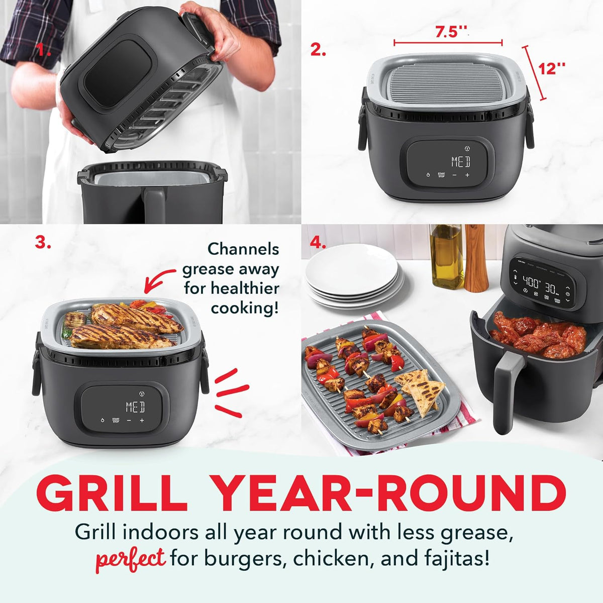 Dash Flip & Fry™ Digital 2-in-1 Grill + Air Fryer with 5 functions, 7 Qt Capacity, Air fryer & Indoor Grill for fries, wings, burgers and more - Forged Iron