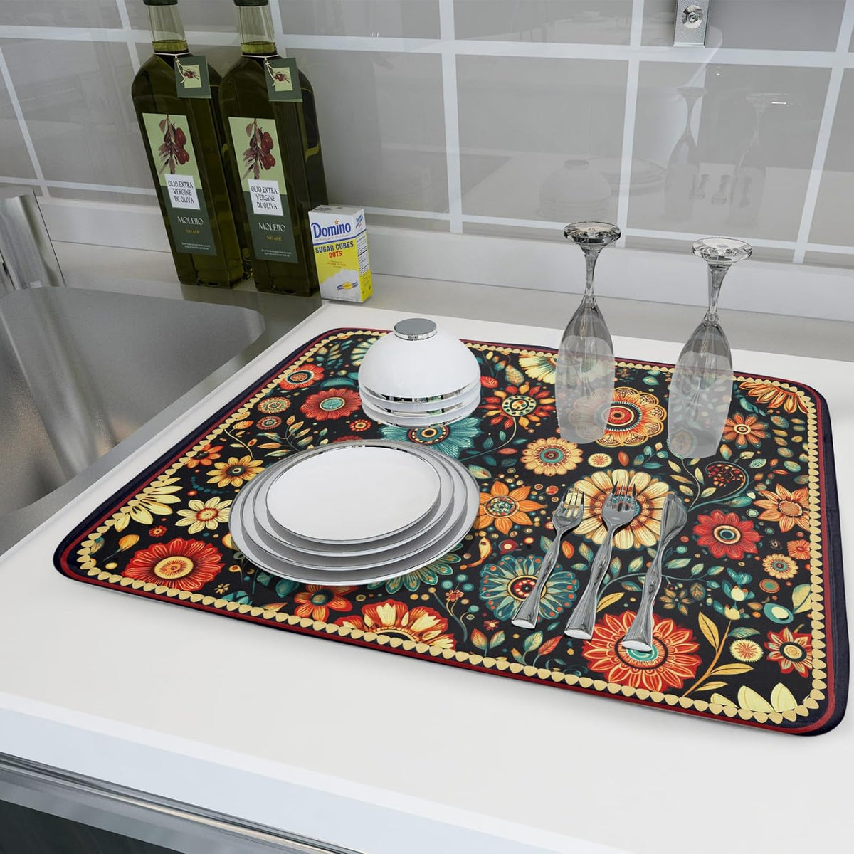 Boho Floral Dish Drying Mat for Kitchen Counter Absorbent Microfiber Flowers Drying Pad 18 X 24 In