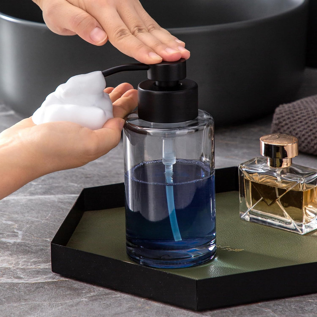 Enra Foaming Soap Dispenser, 12oz Black Thick Glass Bathroom and Kitchen Soap Dispenser with Stainless Steel Pump