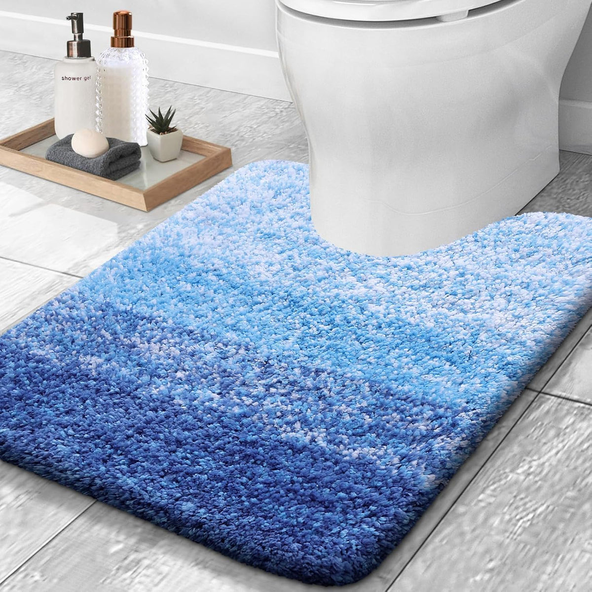 OLANLY Luxury Toilet Rugs U-Shaped 24x20, Extra Soft and Absorbent Microfiber Bathroom Rugs, Non-Slip Plush Shaggy Bath Mat, Machine Wash Dry, Contour Bathroom Mats for Toilet Base, Light Royal Blue
