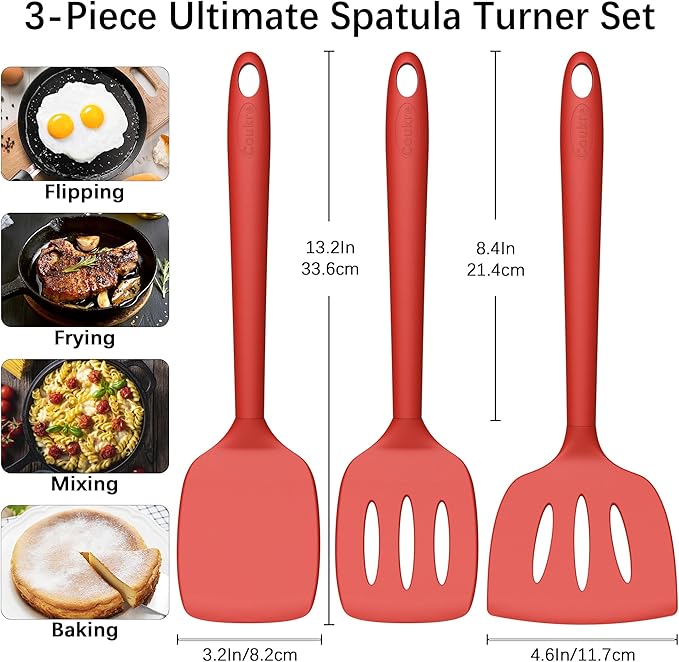 Coukre 3 Pack Silicone Spatula Set, High Heat Resistant, BPA-Free, Fish Spatula, Solid & Slotted Turner for Non-Stick Pans, Flipping Eggs, Pancakes, Fish, Burgers (3, PureRed)