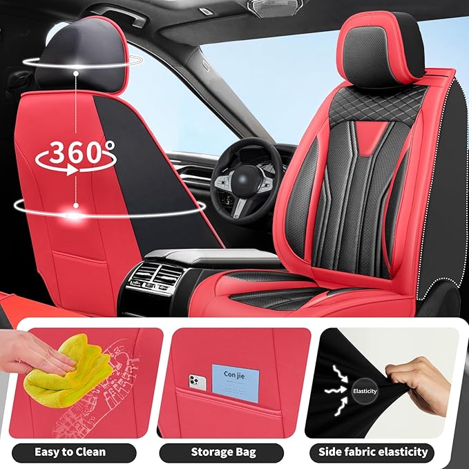 Fit Rogue Car Seat Covers Compatible with Nissan Rogue 2011-2025 2026 - Premium Leather， Waterproof Breathable， All-Weather Seat Cushion Protecto&Airbag Compatible (2 Front Seat Red&Black)