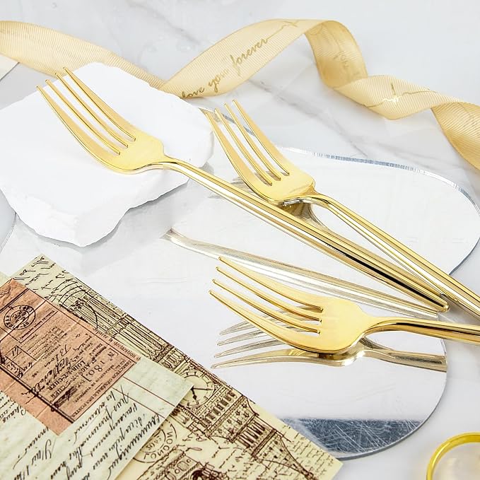 U-QE 60Pcs Gold Plastic Forks - Heavy Duty Plastic Forks Disposable - 7.6 Inch Gold Disposable Forks - Luxurious Plastic Silverware Perfect for Parties, Weddings and Other Daily Events