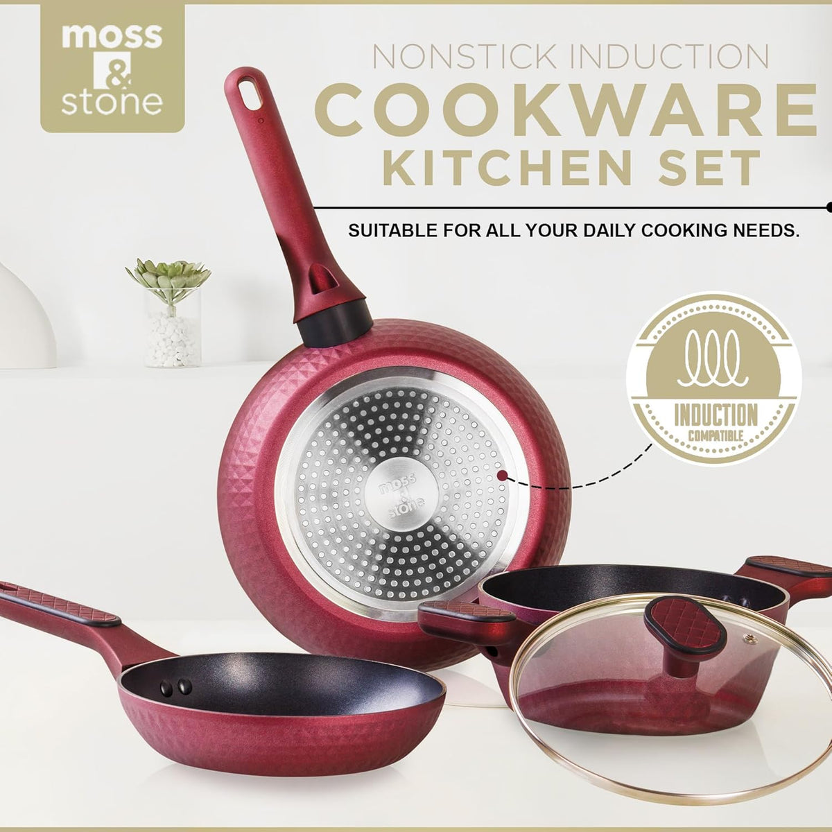 Moss & Stone 4 Piece Nonstick Cookware Set, Small Pots And Pans Set Non stick With Glass Lid, Induction Cookware, Stay Cool Handle, PTFE/PFOA, Kitchen Cookware 4-Piece with Frying Pans Set & Saucepan