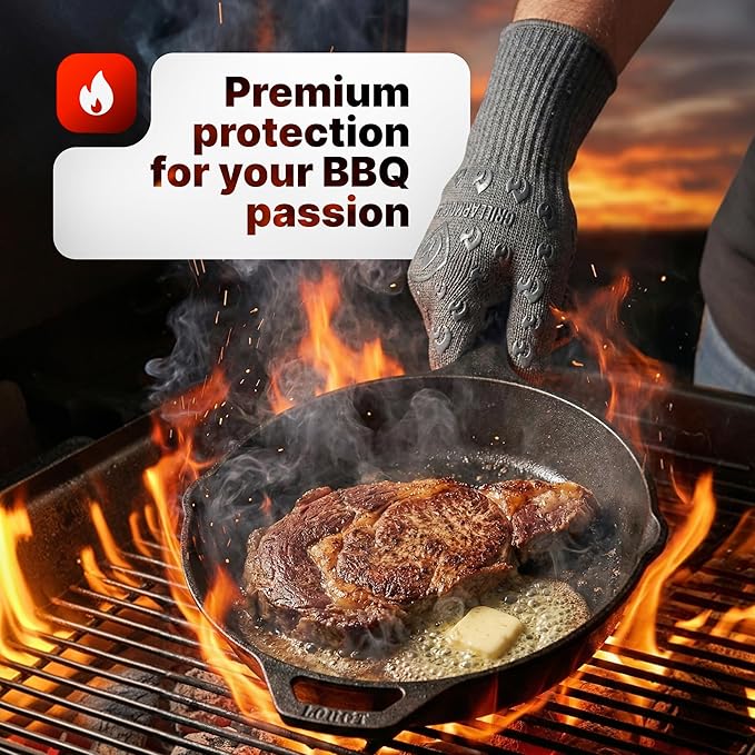 Oven Gloves with Fingers - 932°F Extreme Heat Proof and Cut Resistant Mitts for Kitchen, BBQ, Grill, Baking, Fire Pit - EN407 Certified with Non-Slip Silicone Grip and Cotton Lined for Comfort
